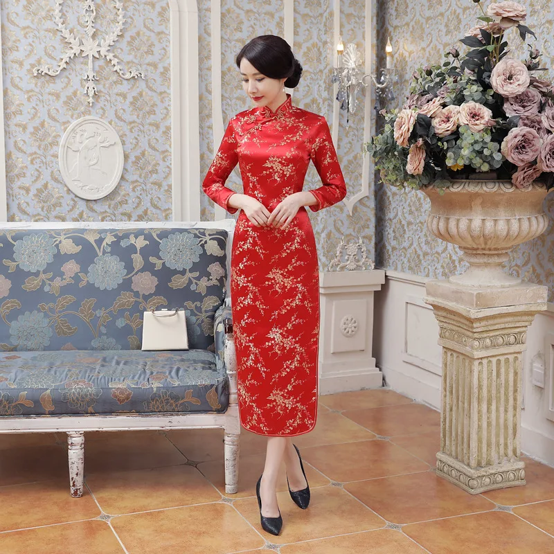 Sexy Cheongsam Vintage Flower Traditional Chinese Satin Dress New Style Women Red Elegant Long