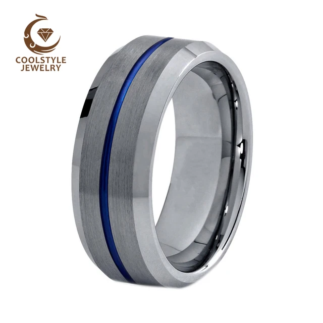 8mm Blue Tungsten Wedding Band Ring For Men Women Center Line 8mm Blue Tungsten Wedding Band Ring For Men Women Center Line Beveled Edges Silver Brushed Top