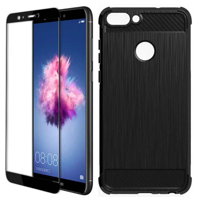 Для huawei P Smart чехол полное защитное стекло + противоударный мягкий ТПУ карбоновый