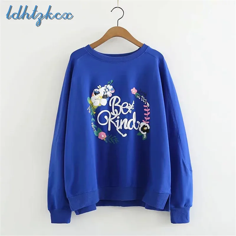 Women Hoodies Black Casual Pullover Embroidery Hoodies 2018 Autumn Winter New Nail Beading Letter O Neck Loose Hoodies CX494