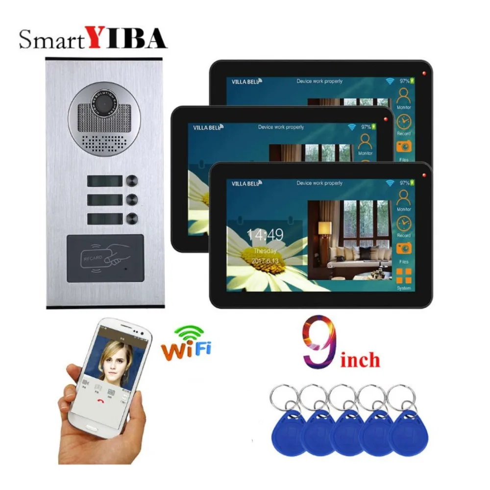 

SmartYIBA 9 Inch Wired Wifi 3 Units Apartment Video Door Phone Intercom System RFID IR-CUT HD 1000TVL Camera APP Remote Control