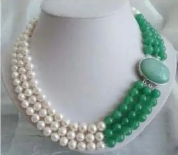 

3 Rows Jewelry 9-10MM Real White Freshwater Pearl & Natural Green Jade Necklace