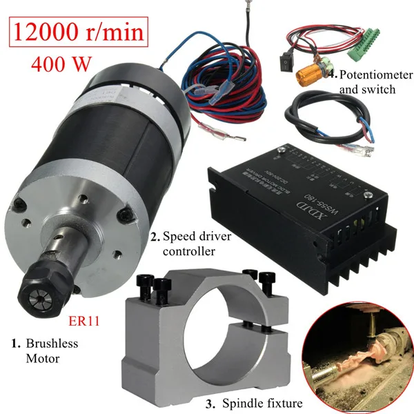 

400W 12000rpm ER11 Chuck CNC Brushless Spindle Motor DC Machine Tool with Driver Speed Controller and Clamp