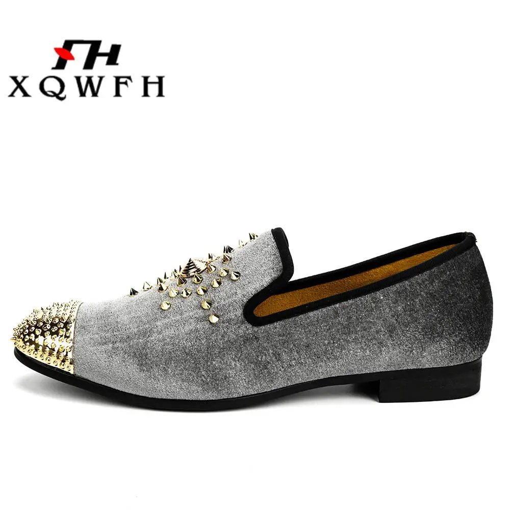  XQWFH Mens Velvet Loafers Shoes Spiked Dress Shoes with Gold  Buckle for Wedding Party Dancing Metallic Slip on Glitter Fashion Prom Shoes