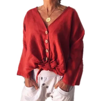 

2020 Summer Casual Solid Cotton Linen Long Sleeve White Shirt Women V neck Button Bow Loose Shirt Women Shirts Ladies Blouse Top