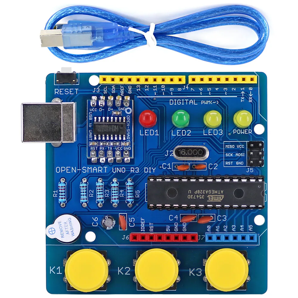 Открытым SMART UNO R3 DIY ATmega328P развитию Модуль CH340 драйвер с зуммер светодиодная кнопка для Arduino UNO R3-синий