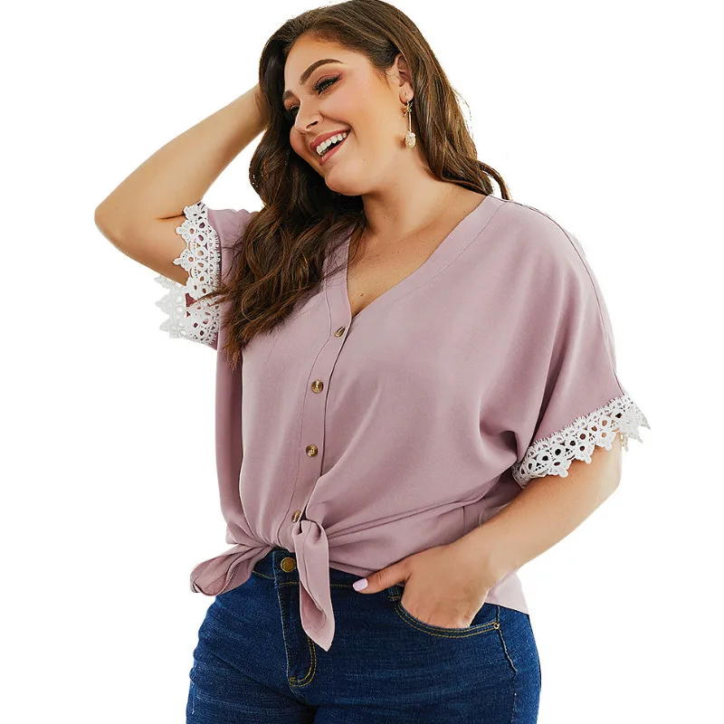 KM STYLISH Lace Hollow Out Women Blouse Pink Shirts Big Size Female Loose Tops Oversize Femme Blusas Buttons Mujer Autumn A059