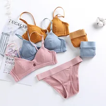 Solid Striped Bra Set Macarons Colours Comfortable Cotton Bra For Small Boobs Flat Breast Wireless Women Lingere