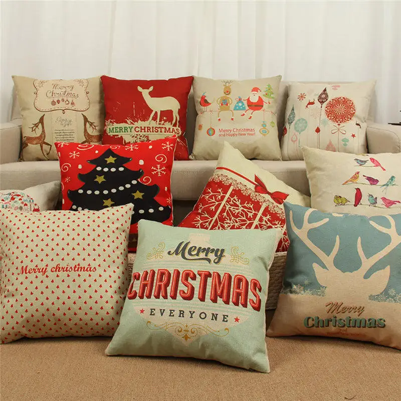 

2019 Merry Christmas Letters Square Linen Pillowcase Santa Elk Bell Pillow Cover for Home Sofa Xmas Decor