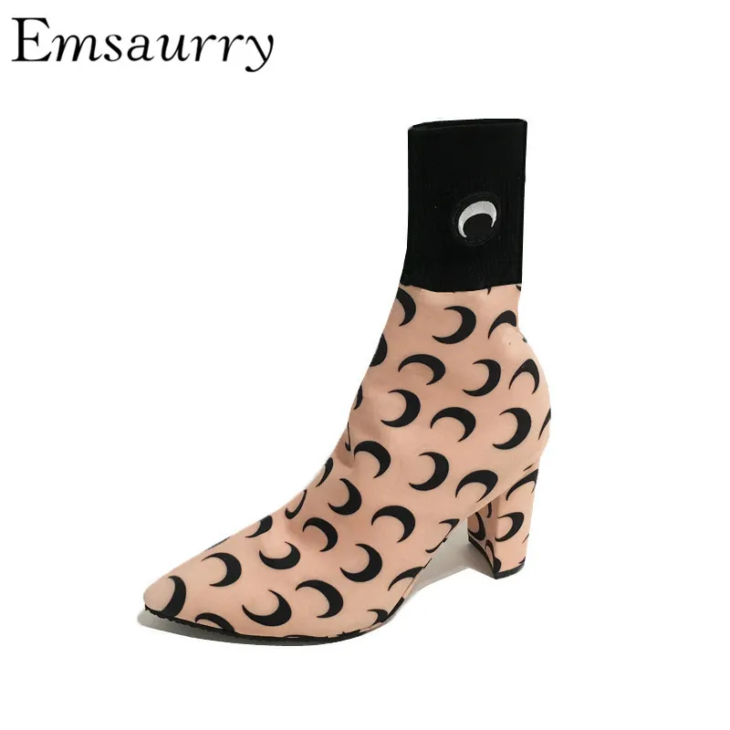 

Fashion Stretch Fabric Ankle Boots Chunky Heel Pointy Toes Individual Moon Decor Sock Booties Women