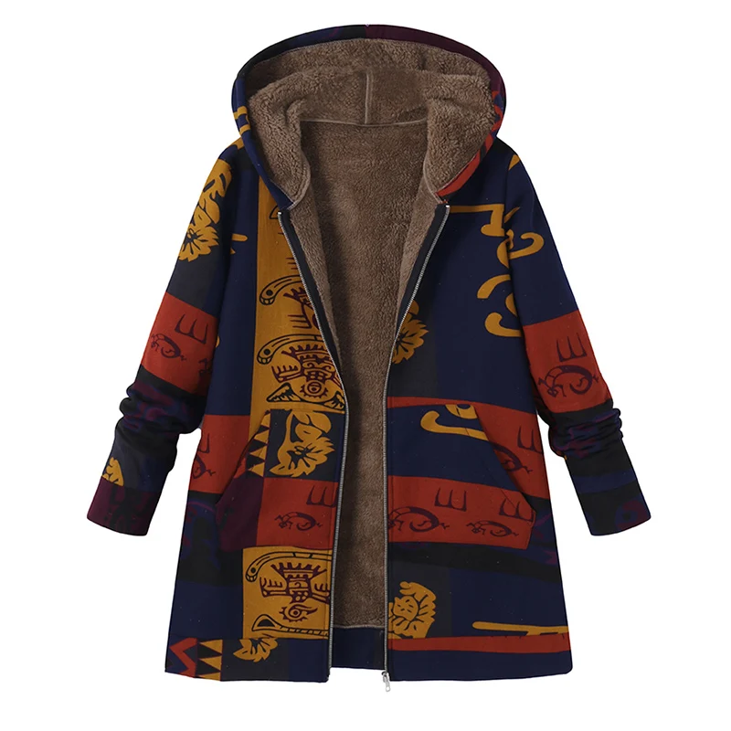 ZANZEA зимняя куртка пальто Женская плюшевая пушистая теплая верхняя одежда повседневная с капюшоном с длинным рукавом Винтажная с принтом ветровка размера плюс - Цвет: Оранжевый