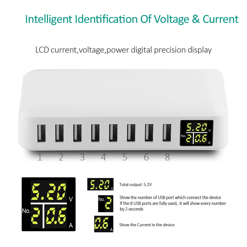 INGMAYA многопортовое USB зарядное устройство 5V8A LED шоу в реальном времени Зарядка для iPhone iPad Mini Samsung Huawei Pixel Mi DV AC адаптер питания