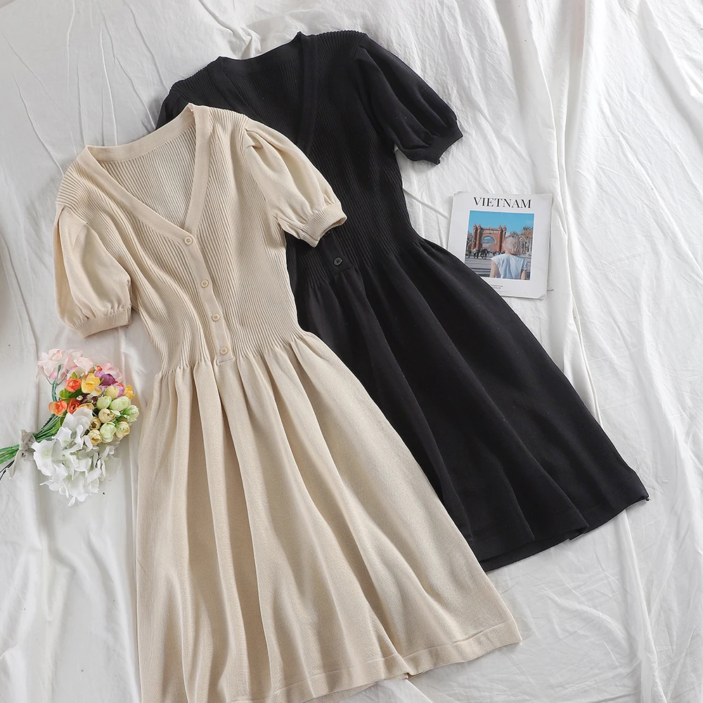 

HISUMA Women Summer V-Neck Short Lantern Puff Sleeve Pleated Dress Casual Elastic Slim High Waist Cardigan Button Knitted Dress