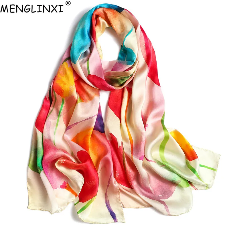 

2019 New 100% Silk Scarf Pure Silk Spring Scarf Shawl Natural Silk Hand-rolled Edges Scarf For Women Fashion Luxury Scarves Wrap