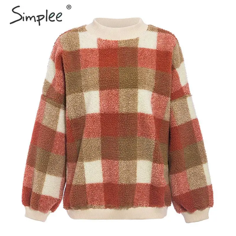 Simplee Casual lambswool plaid women hoodies sweatshirts O neck pullover loose female sweatshirt Autumn winter ladies warm coat - Цвет: Оранжевый