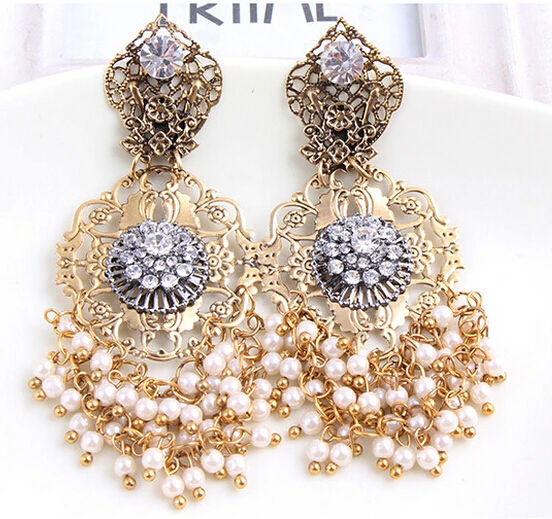 2017 Indian Vintage Gold Hollow Leaves Carved Crystal White Black 2017 Indian Vintage Gold Hollow Leaves Carved Crystal White Black Beads Pearl Chandelier Earrings Zircon Wedding