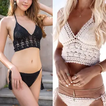 

Black White Crochet Bikini 2018 Crop Top Swimwear Women Bikinis Knitted Swimsuit Beach Wear maillot de bain Fully Lined Biquini