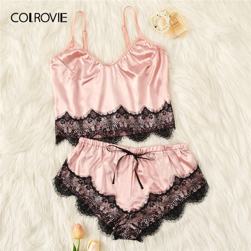 

COLROVIE Lace Trim Satin Cami With Shorts PJ Set 2019 Summer Sexy Pajamas For Women Sleeveless Sleepwear Ladies Loungewear