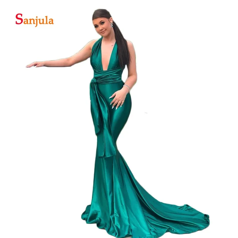

Deep V Front Sexy Mermaid Formal Evening Dresses Emerald Green Satin Evening Gowns Straps Cross Simple Long Night Party D832