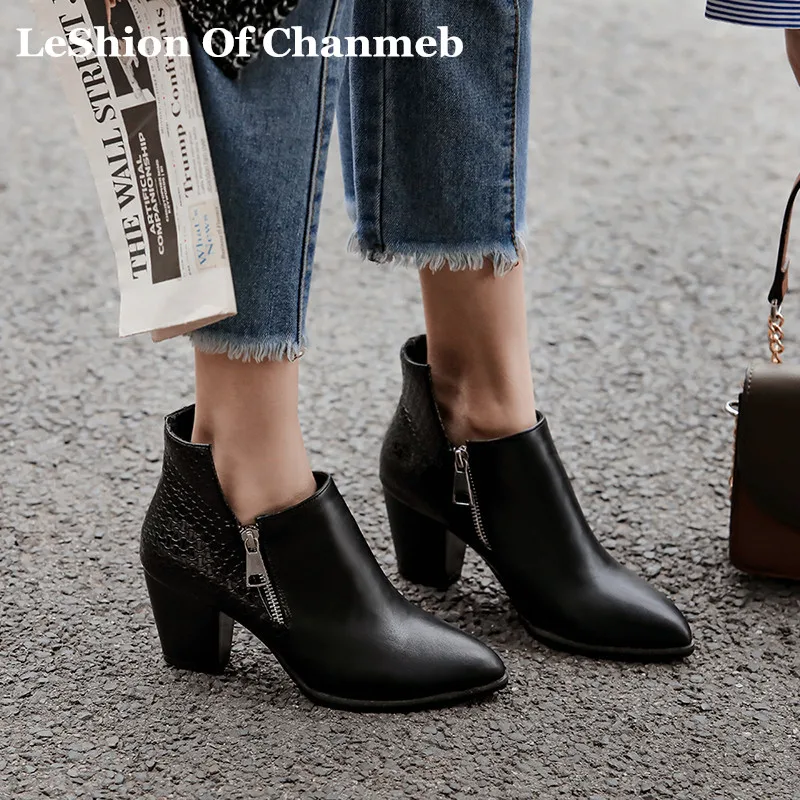 

2020 new fashion chunky high heels size 44 booties for women ladies zippers street ankle boots point toe cowboy motorcycle boots