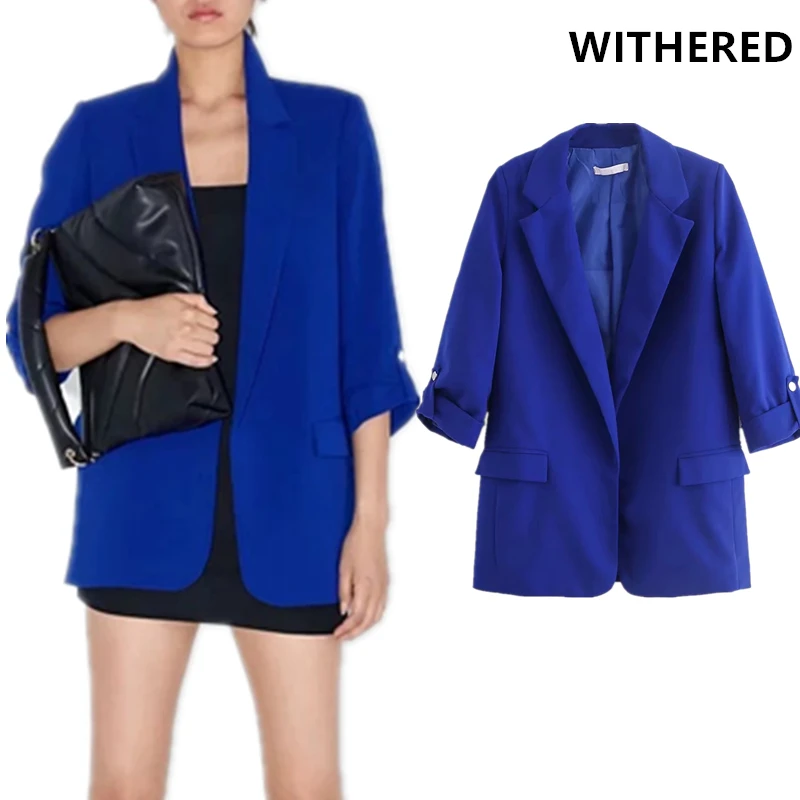 

Withered england style office lady roll-up sleeve blue blazer feminino blazer women blazer mujer 2019 women blazers and jackets