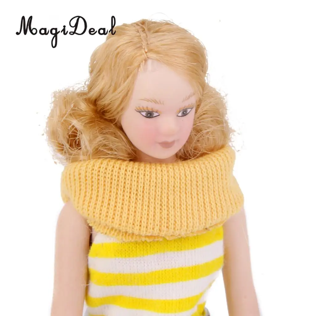 MagiDeal Beatifull Design Dollhouse Miniature Porcelain Doll Lady in Striped Dress for Bedroom Living Room Decor Children Toy