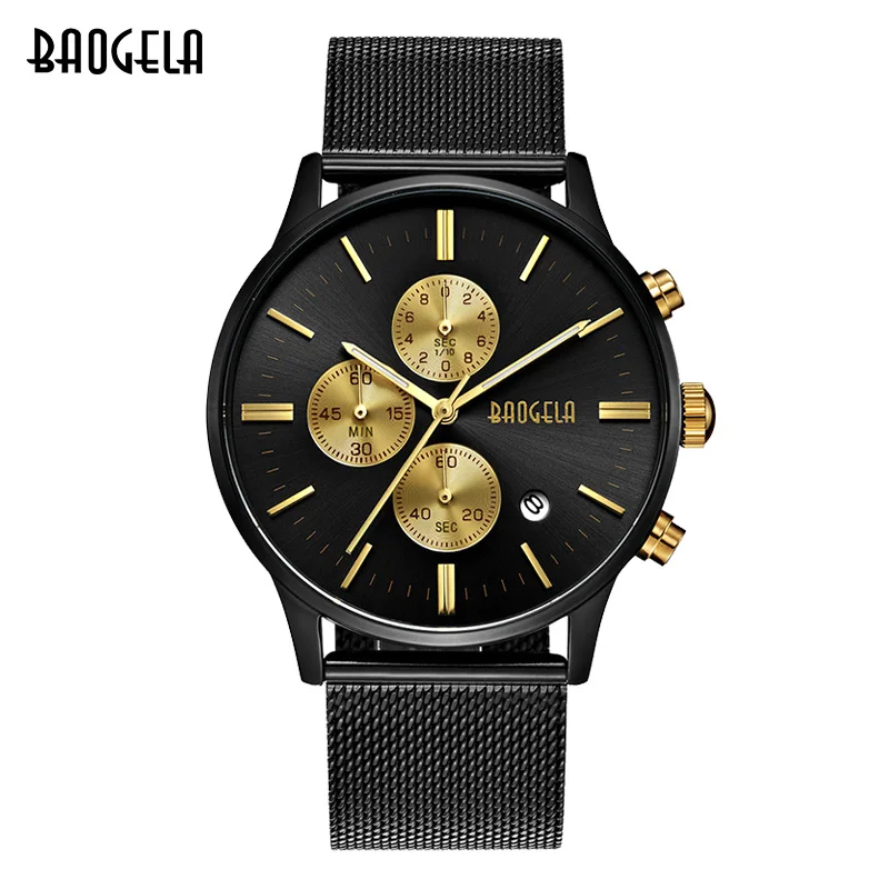 Beste BAOGELA mannen Horloge Waterdicht, Analoge Quartz Horloges Goud Met Zwarte Roestvrij Stalen Mesh Band, chronograaf Datum 1611
