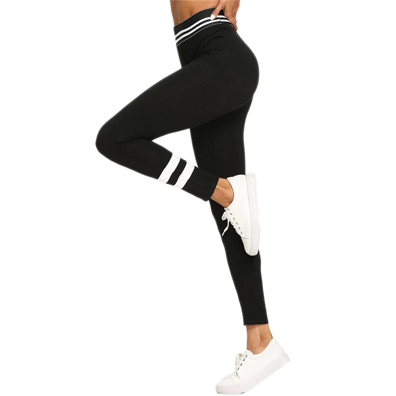 Romwe спортивные черные полосатые обтягивающие капри с эластичным поясом, эластичные штаны для йоги, женские осенние штаны для фитнеса, спортзала, активного отдыха, колготки для йоги