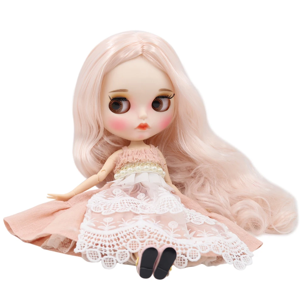 

Blyth doll 1/6 bjd white skin joint body Fantasy pink long curly hair new matte face with eyebrows Lip gloss ICY sd toy