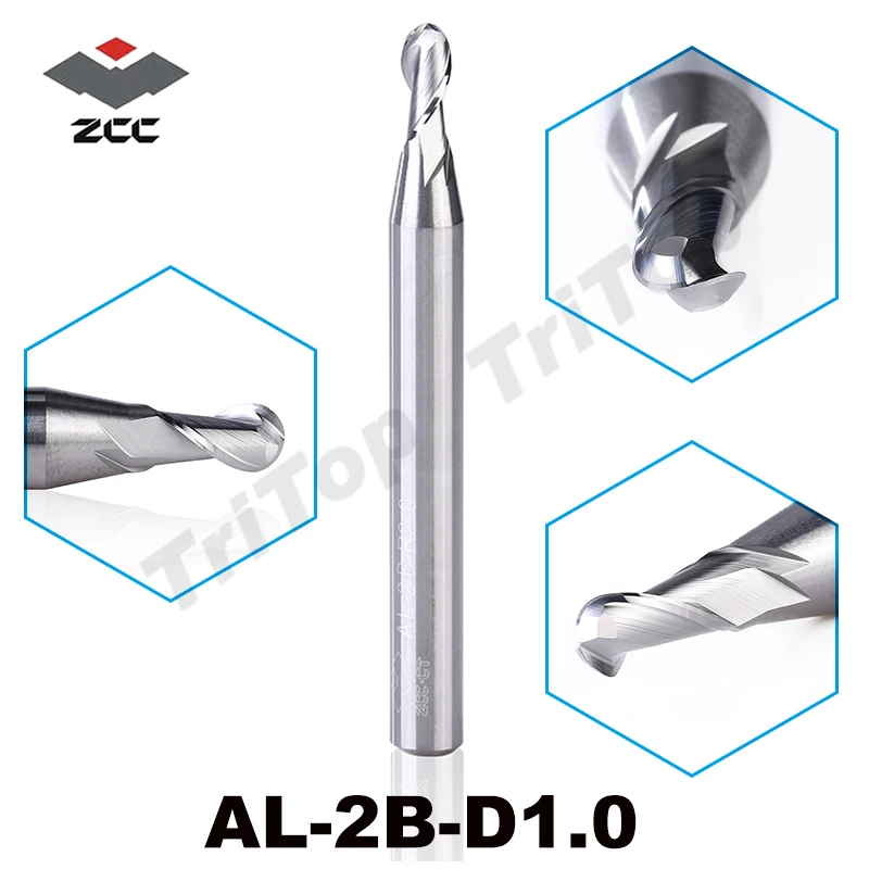 

2pcs/lot ZCC.CT cutting tools AL-2B-R1.0 solid Carbide 1.0 mm R1.0 2 flute ball nose cnc end mills milling cutter for aluminum