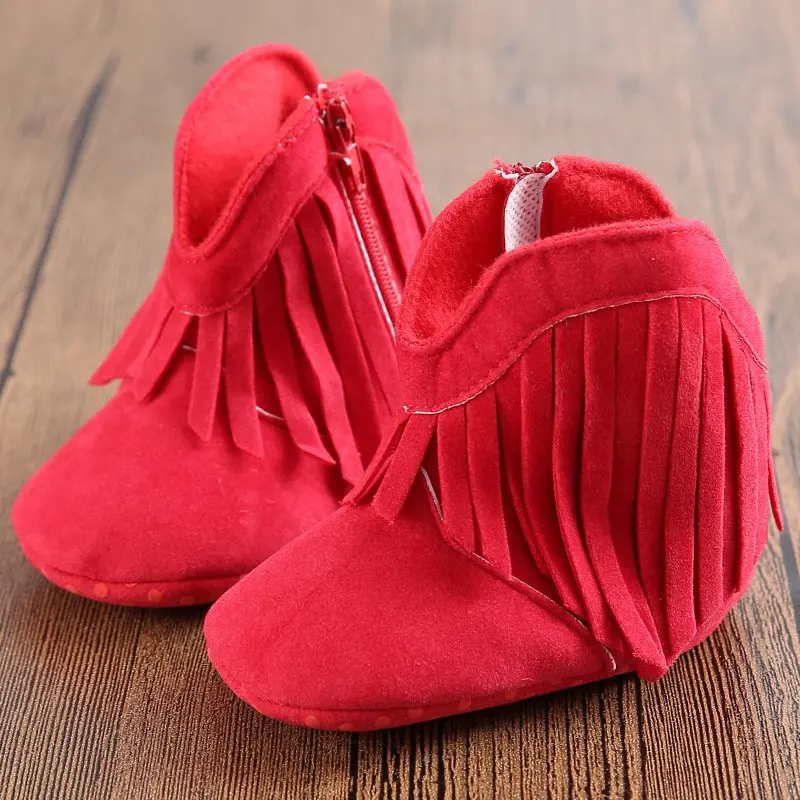 Moccs/мокасины для новорожденных девочек и мальчиков; однотонная обувь с бахромой; мягкая детская нескользящая обувь - Цвет: Красный