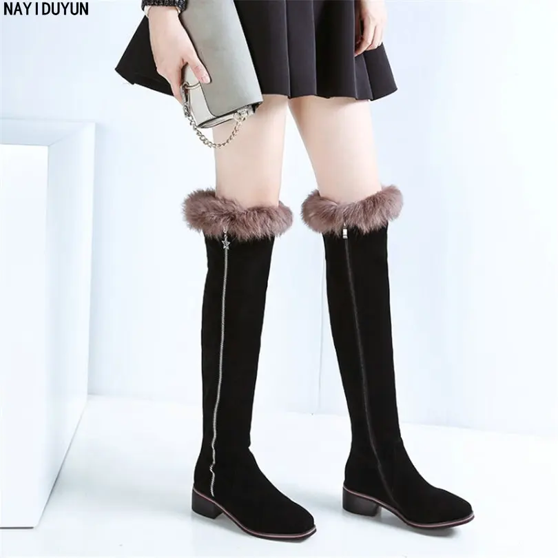 

NAYIDUYUN Rabbit Fur Shoes Women Cow Suede Leather Round Toe Knee High Boots Low Heel Party Oxfords Casual Winter Snow Boots