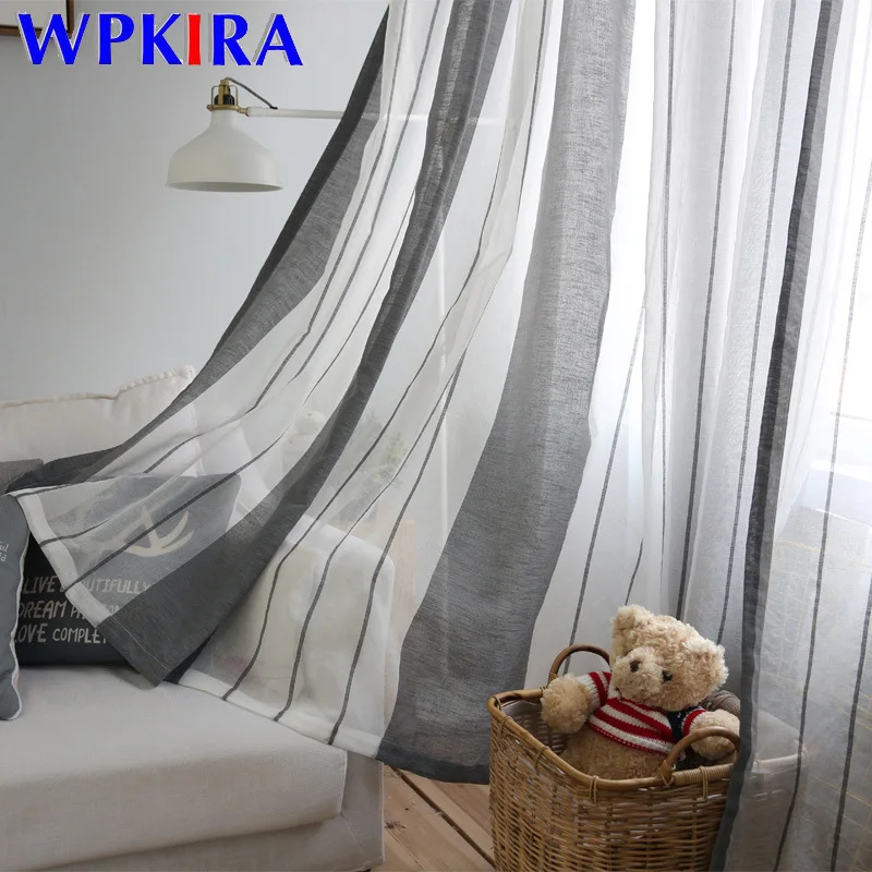 

Modern brief linen stripe plain high quality tulle curtain coffee customize balcony yarn curtain decorative door curtain yarn