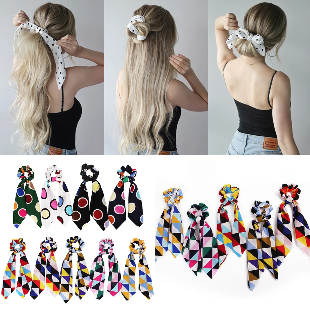 

fashion girls Hair Bands Flower Print Ribbon Hairbands Ponytail Scarf Elastic Hair Rope for Women hair ties Scrunchies