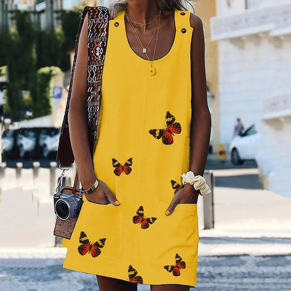 

Women O-Neck Sleeveless Shoulder Clasp Butterfly Print Cotton And Linen Dresses Casual Dress Summer Woman Plus Size knee Dresses