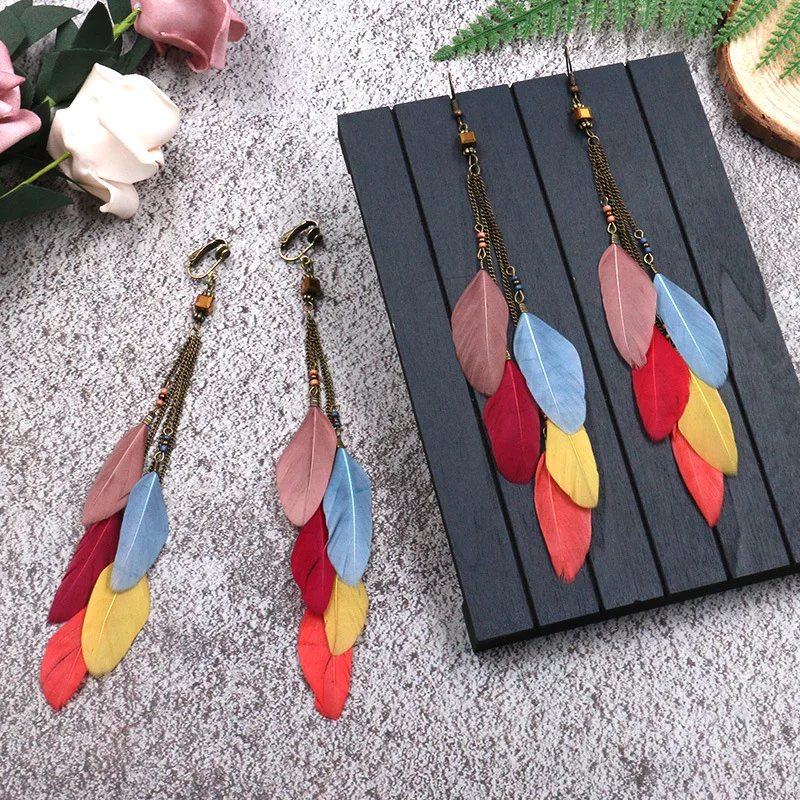

Vintage Color Feather Tassel Hanging Clip Earrings for Women Ethnic Bohemia Beads Drop Ear Cuff Earrings with Long Pendants