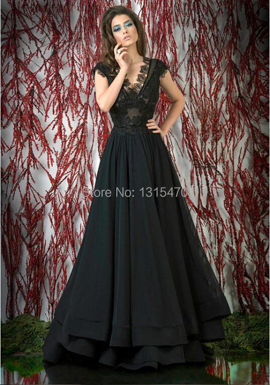 2016 Black Long Elegant Prom dresses Open Back V Neck Lace Appliques Plus Size Club Dresses for 