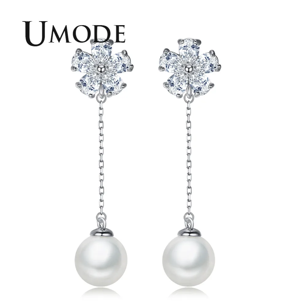

UMODE Fashion Pearl Flower Drop Earrings for Women Trendy Waterdrop CZ with Chain Dating Party Jewelry Boucle D'Oreille AUE0373