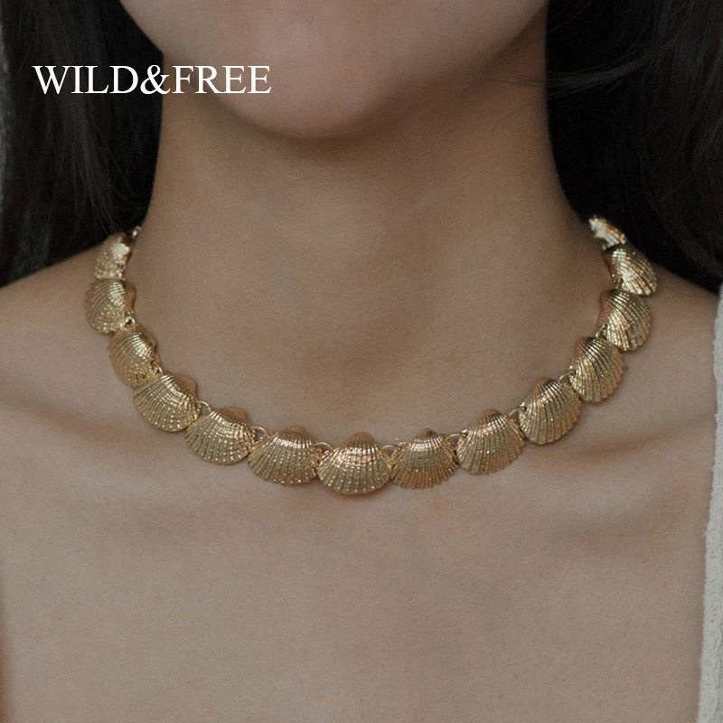 Wild& Free, новинка, ожерелье из ракушек для женщин, бохо, цинковый сплав, массивное Золотое колье, ожерелье, лето, океан, ювелирное изделие, свадебный подарок