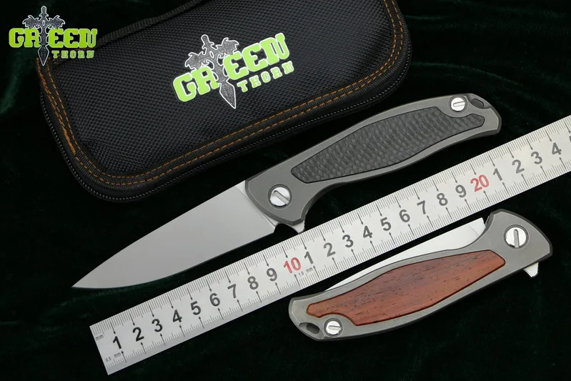 

Green thorn F95 Flipper folding knife D2 blade TC4 Titanium CF+wood handle outdoor camping hunting pocket fruit Knives EDC tools