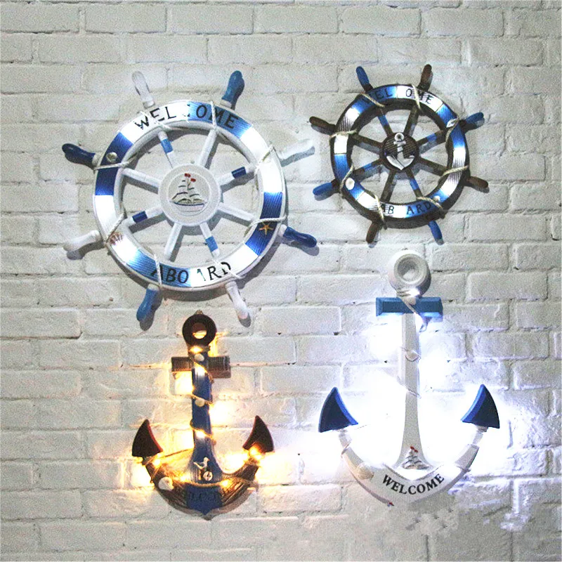 

45cm/60cm Mediterranean Nautical Wooden LED Light Rudder Anchor Boat Ship Wheel Helm Home Wall Hang Party Decoration Room
