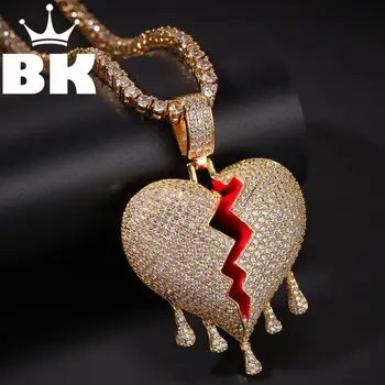 

THE BLING KING Custom A broken heart with water droplets Necklace Hip Hop Full Iced Out Cubic Zirconia gold sliver CZ Stone