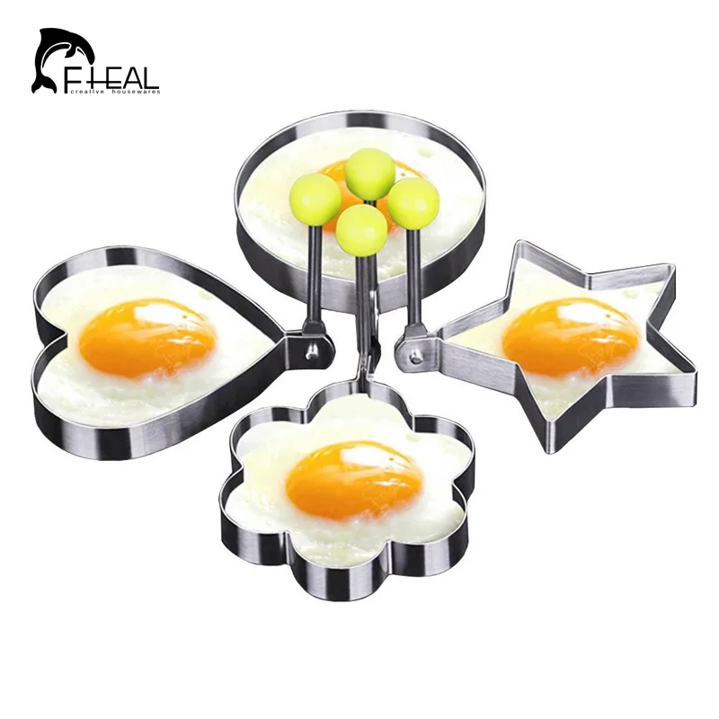 FHEAL 4pcs set Cute Egg Mold Stainless Steel Round Flower Heart Shape Omelette Mould Biscuit Frying