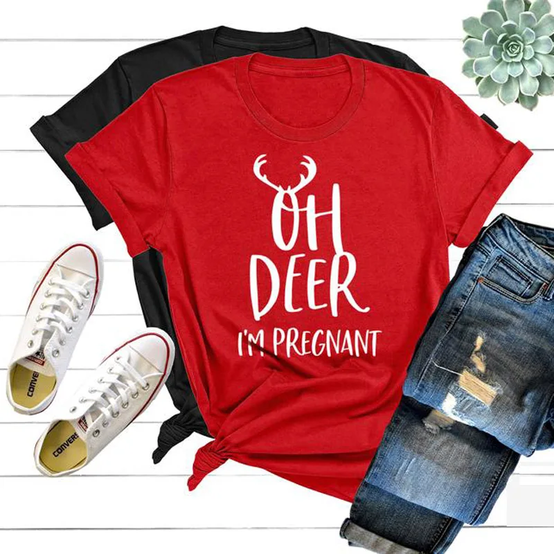 

ONSEME Christmas T Shirt Women Funny Oh Deer I'm Pregnant Letter Aesthetic Clothes Short Sleeve Graphic t shirts Cute Top Q-777