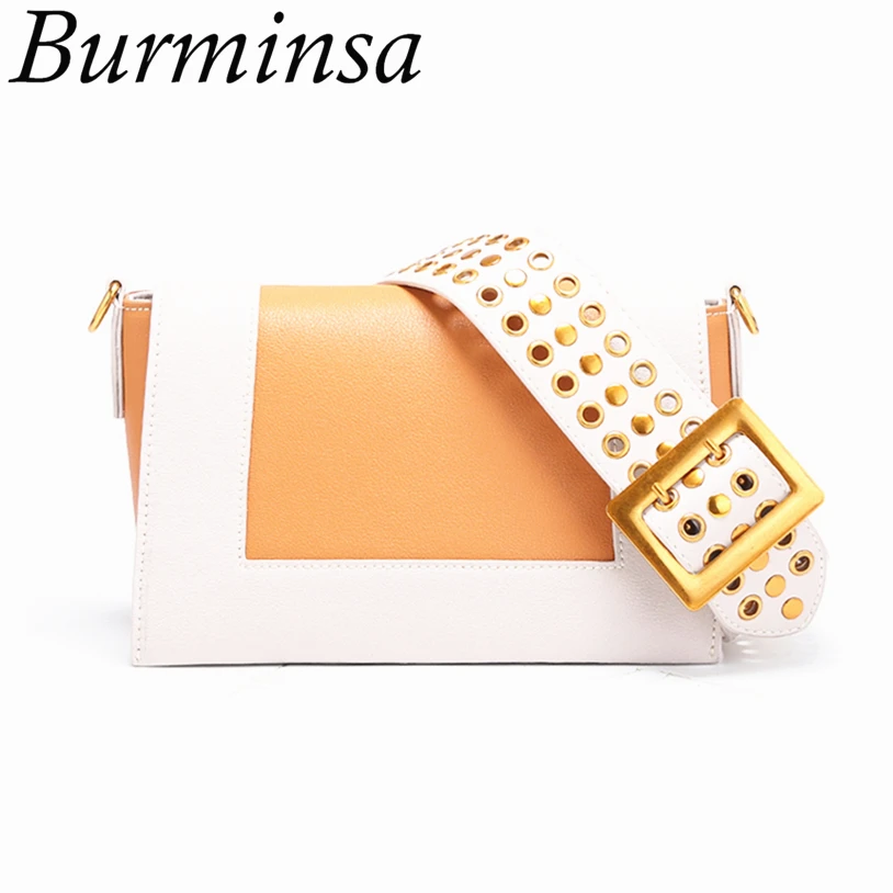 

Burminsa Panelled Genuine Leather Bags Women Wide Straps Cute Flap Famous Brand High Quality Luxury Shoulder Crossbody Bags 2018