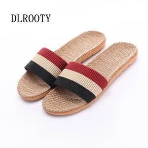 Мужские шлепанцы; сандалии; Вьетнамки; Новинка 2018 года; летняя модная дышащая нескользящая обувь из пеньки; мужские домашние шлепанцы в полоску; повседневная женская обувь - изображение