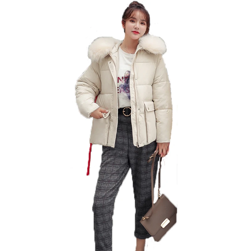 Дизайн, зимняя женская куртка с хлопковой подкладкой, верхняя одежда, женское короткое пальто с капюшоном, парка с воротником из искусственного меха - Цвет: Бежевый