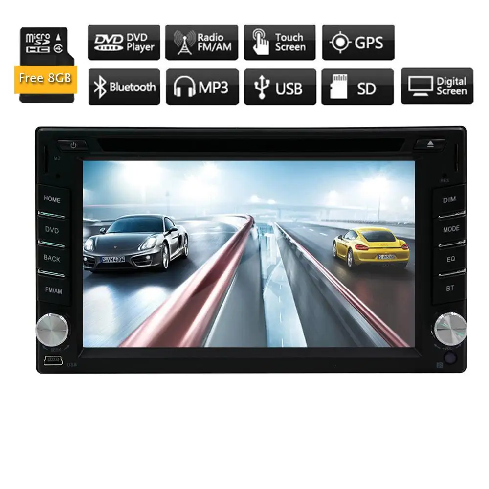 6.2 inch Double din Car Dvd Gps Navigation Stereo Player support Subwoofer/USB/SD/DVD/Bluetooth/Steering Wheel control for Back up camera Input/gps antenna/map card include map