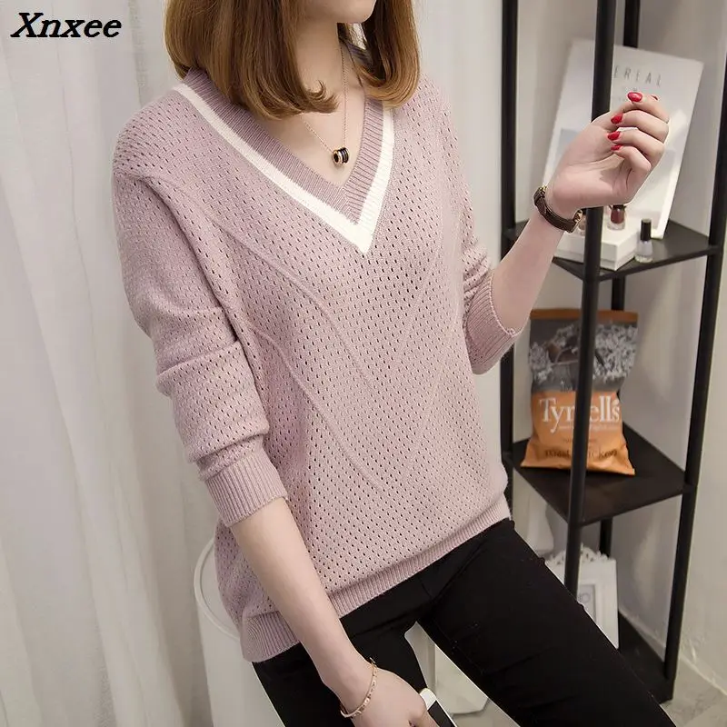 Women sweaters and pullovers 2018 Spring Autumn Korean hollow sweaters womens loose knitted sweater female v-neck pullover tops Women sweaters and pullovers 2018 Spring Autumn Korean hollow sweaters womens loose knitted sweater female v-neck pullover tops