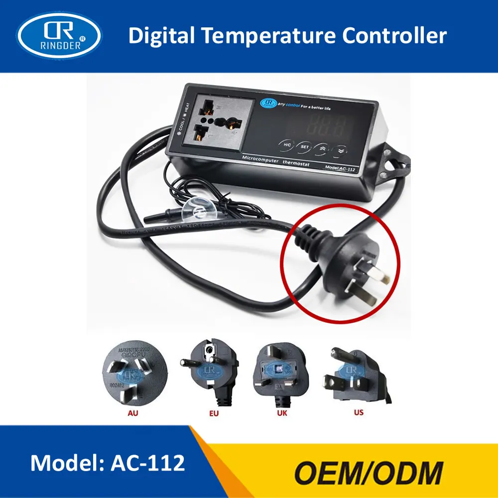 

RINGDER AC-112 230V10A 16-40C Digital Reptile Thermostat with EU Plug Universal Socket ON/OFF Temperature Controller Regulator